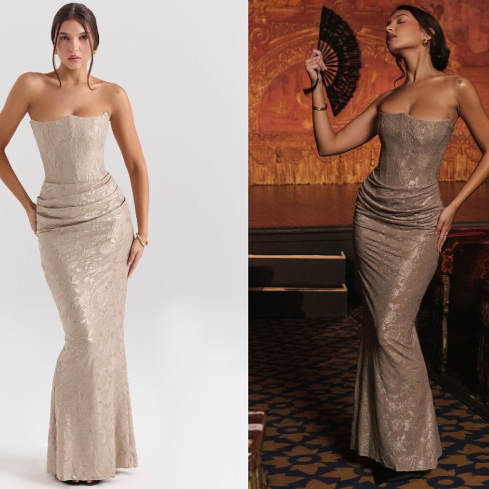House of CB 'Persephone' Pale Gold Chiffon Mesh Strapless Corset Maxi Dress